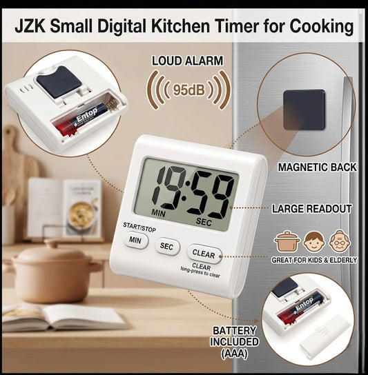 JZK Small Digital Kitchen Timer for Cooking, Magnetic Loud Alarm Timer for Kitchen, Easy Electronic Timer for Kids & Elderly, White