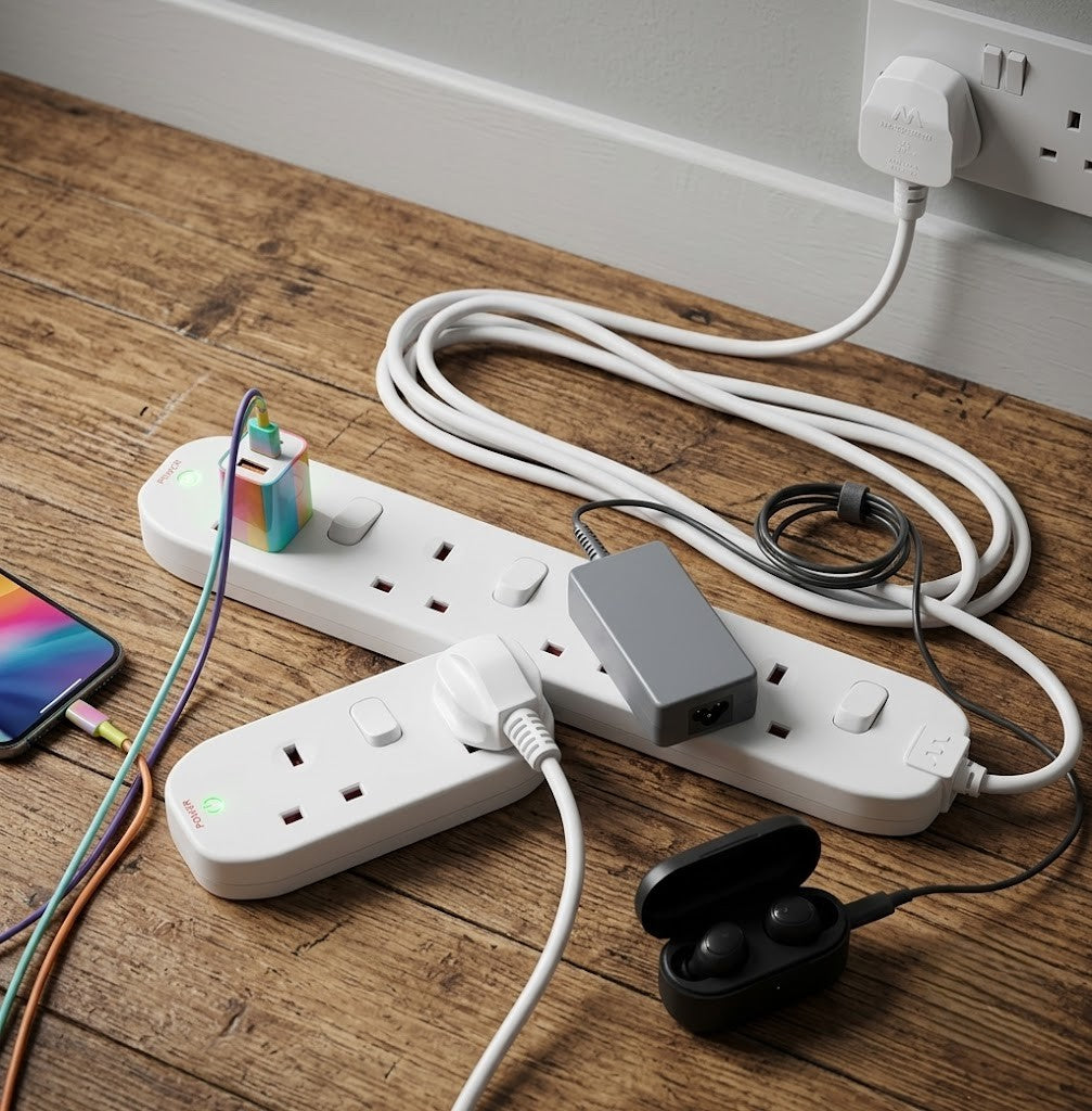 Four Socket Extension Lead Power Strip with Multiple Outlets for Home, Office and Electronic Devices