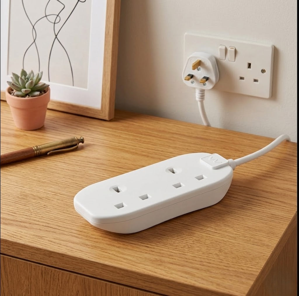 Two Socket Double Extension Lead, 5 Metre Cable, Unswitched, 2-Way Plug Extension Cable, Power Strip, Basic Power, White, 13A, 2G, 5m, BTG5N