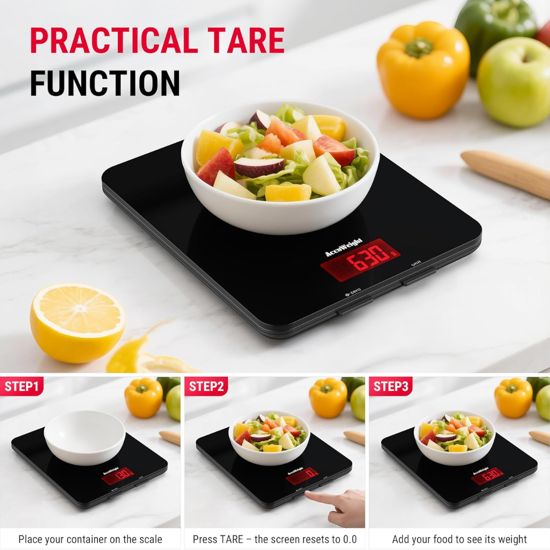 ACCUWEIGHT 201 Digital Kitchen Scale, 5kg/11lb, Glass Platform, Backlit LCD, Food & Baking Scale (Batteries Included)