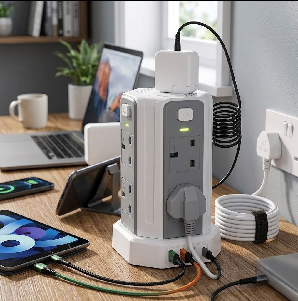 Tower Extension Lead Vertical Power Strip with Multiple Sockets, USB Ports and Surge Protection for Home and Office Use