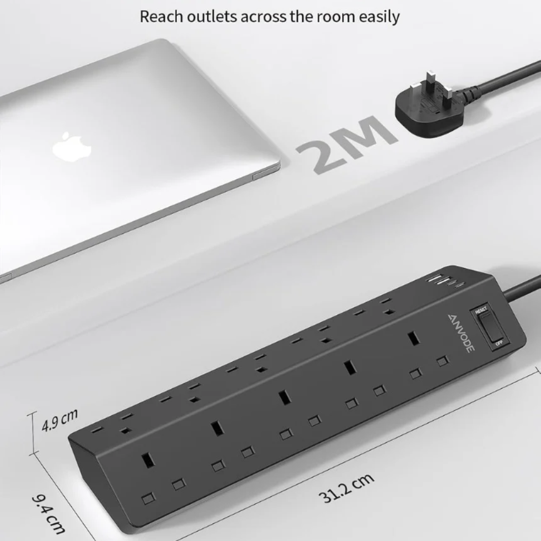 10 Way Extension Lead with USB Slots(2 USB C), ANVODE 14-IN-1 Plug Extension Socket with Switch
