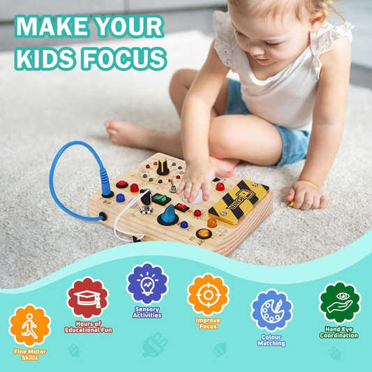 Montessori Busy Board for Toddlers – Wooden Activity Sensory Toy with 10 Switches & 23 LED Lights (Ages 1–4)