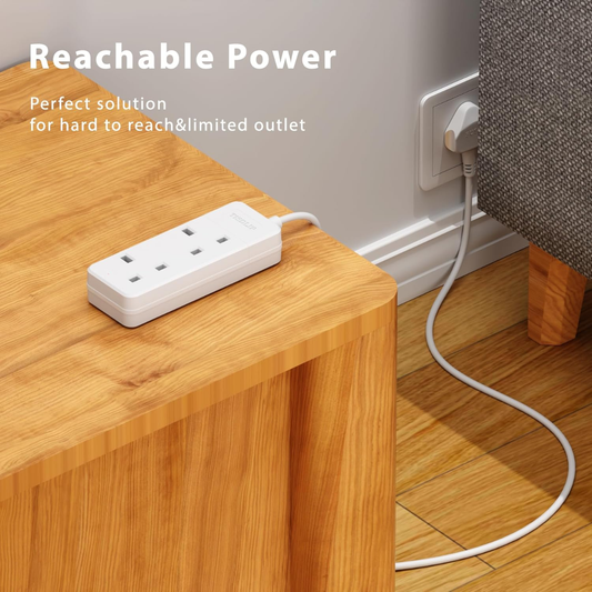 2 Way Extension Lead - Compact Corner Power Socket for Small Spaces