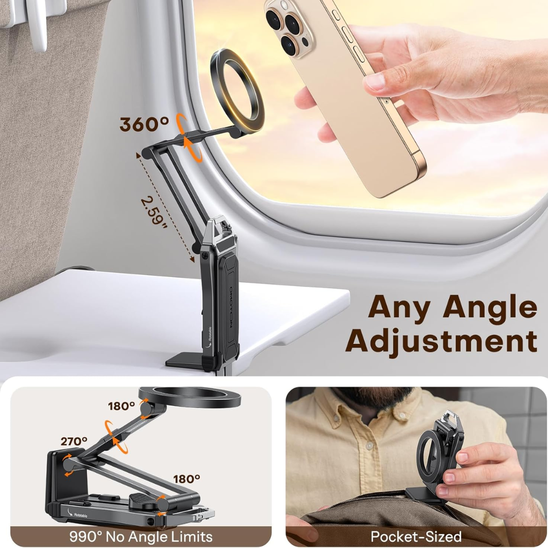 OMOTON TP02 360° Rotating MagSafe Tripod Stand | Ultralight 158g Aluminum Magnetic Phone Holder for iPhone 17/16/15/14 Pro Max – Vlog, Gym & Travel Accessory (Black)