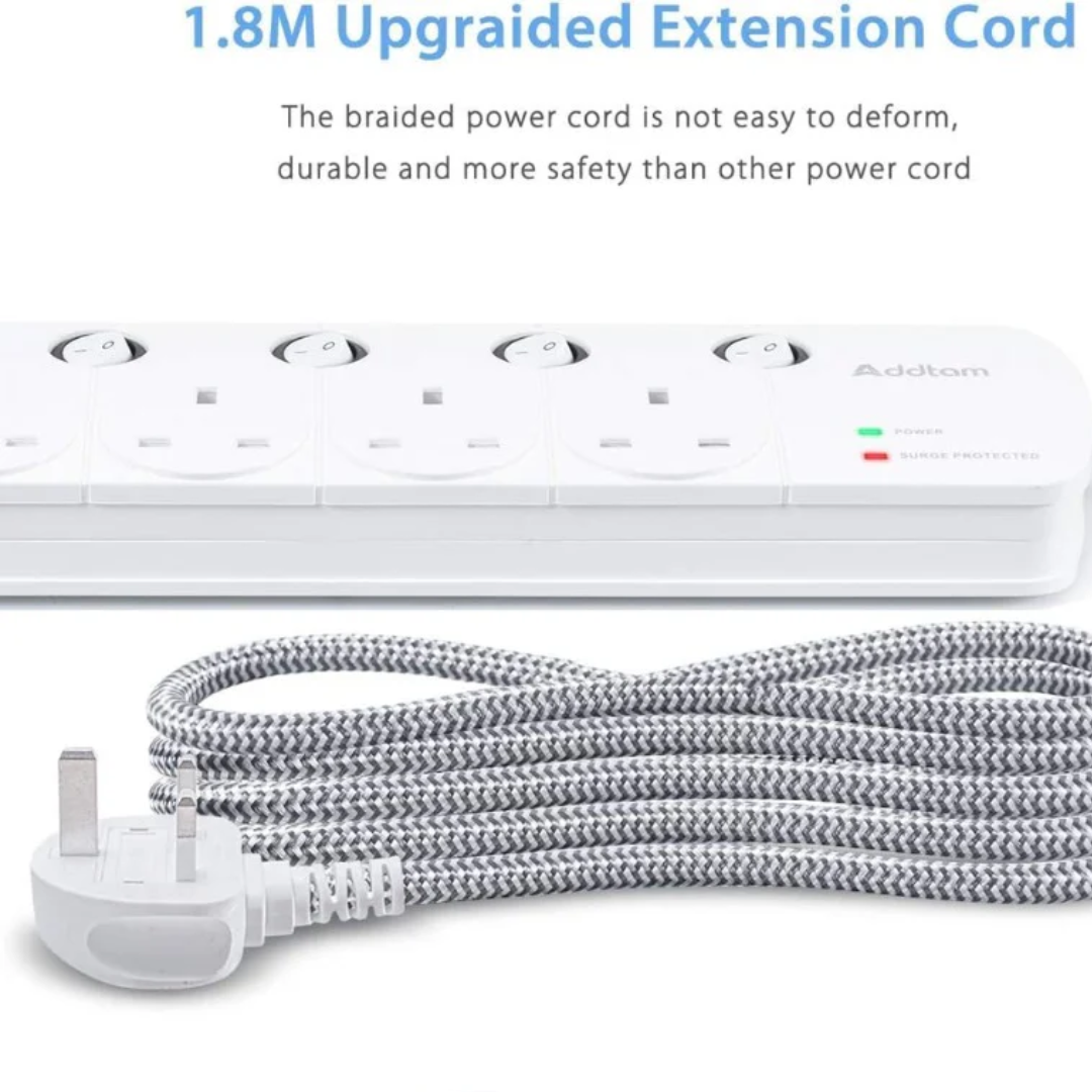 1.8M Extension Lead, 4 Way Socket Outlets Power Strips with 4 USB (2 Type C & 2 USB