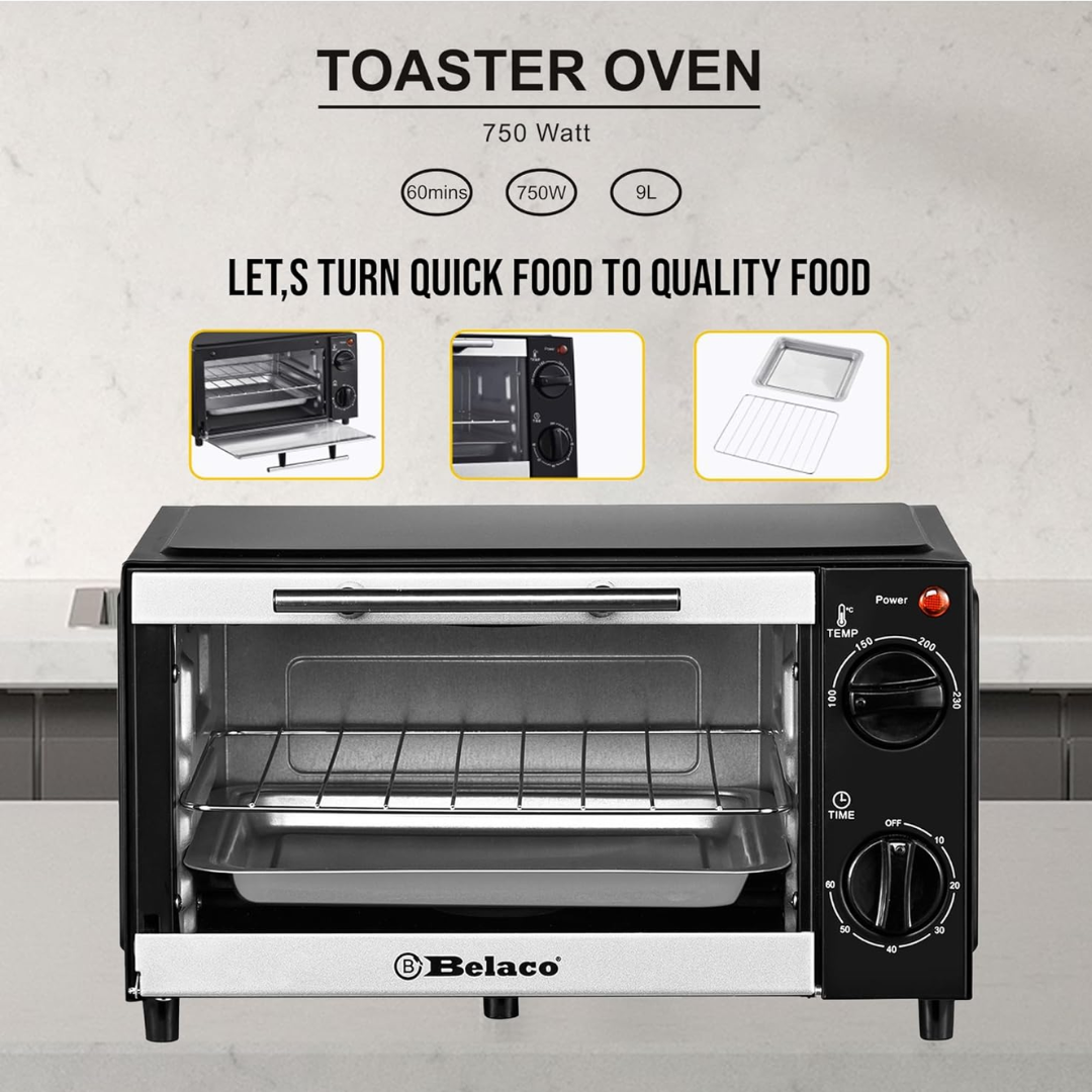 Belaco BTO-109N 9L Mini Toaster Oven – 750W Portable Tabletop Baking Oven with Timer & Accessories