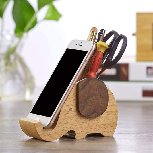 Elephant Pen Holder Phone Stand with Pencil Holder, Wooden Desk Organizer for Pens, Pencils, Office Supplies & Cute Workspace Decor