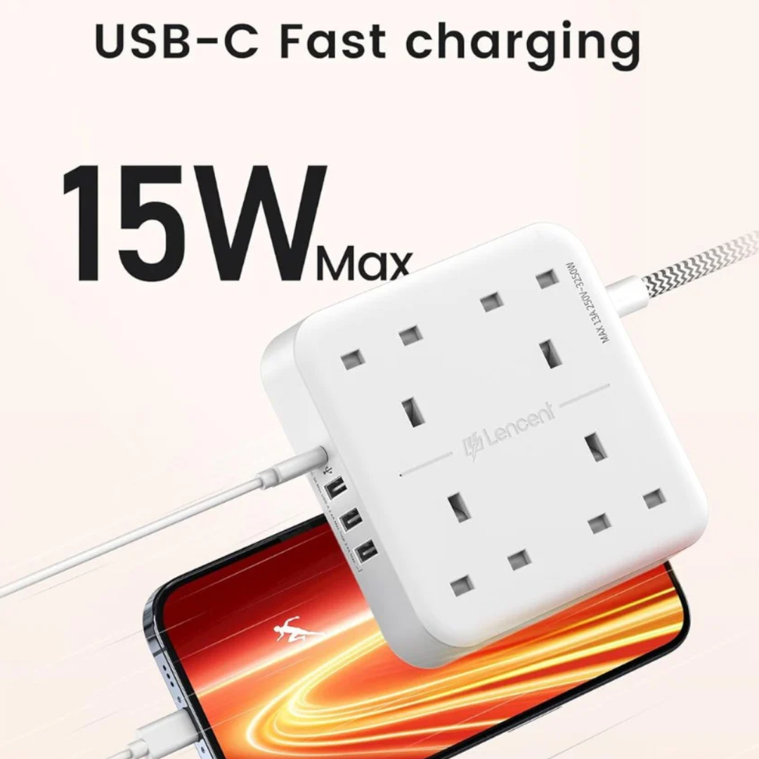 3M Extension Lead with USB C Port (3250W 13A), 4 Way Outlets Power Strip with 1 USB-C and 3 USB Slots