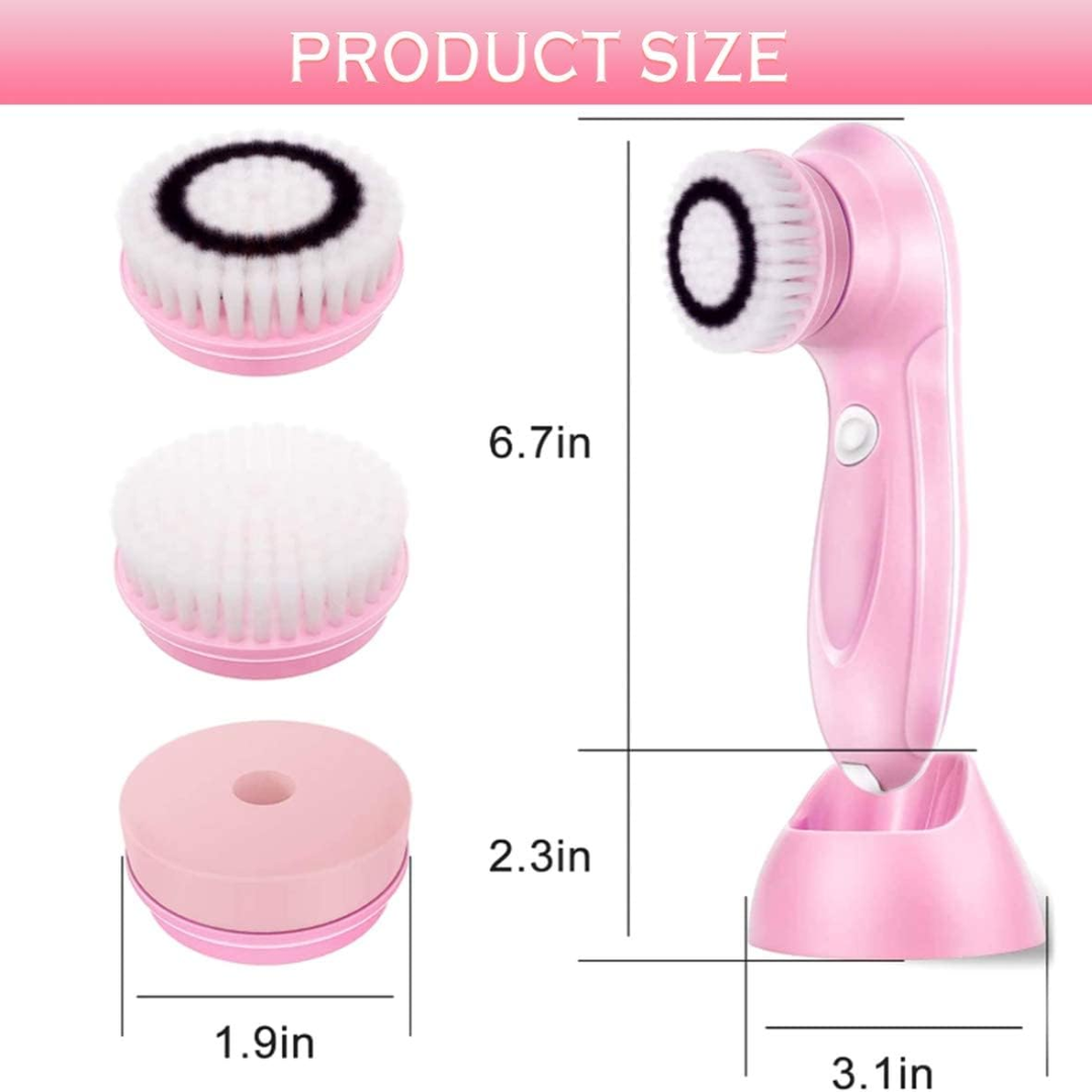 Electric Facial Cleansing Brush with 3 Brush Heads, Waterproof Face Spin Cleanser, Pink