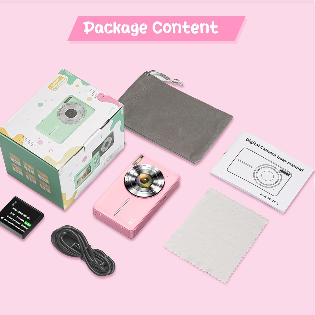 44MP Kids Digital Camera 1080P – Compact Vlogging Camera with 16X Zoom & 2.4" Screen (Pink)