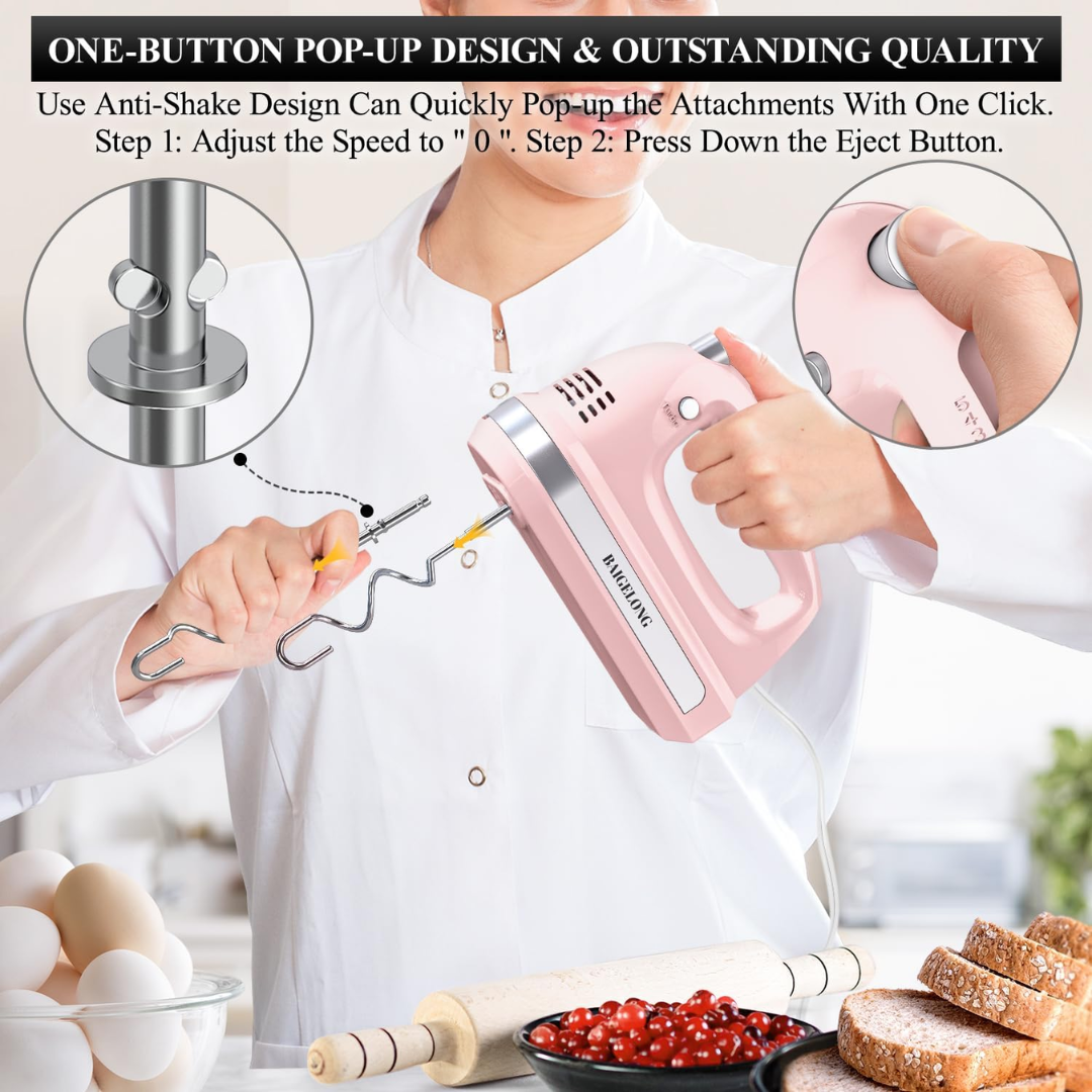 BAIGELONG 300W Hand Electric Mixer, 5-Speed + Turbo Boost Handheld Kitchen Mixer with Stainless Steel Attachments for Baking & Cooking, Pink