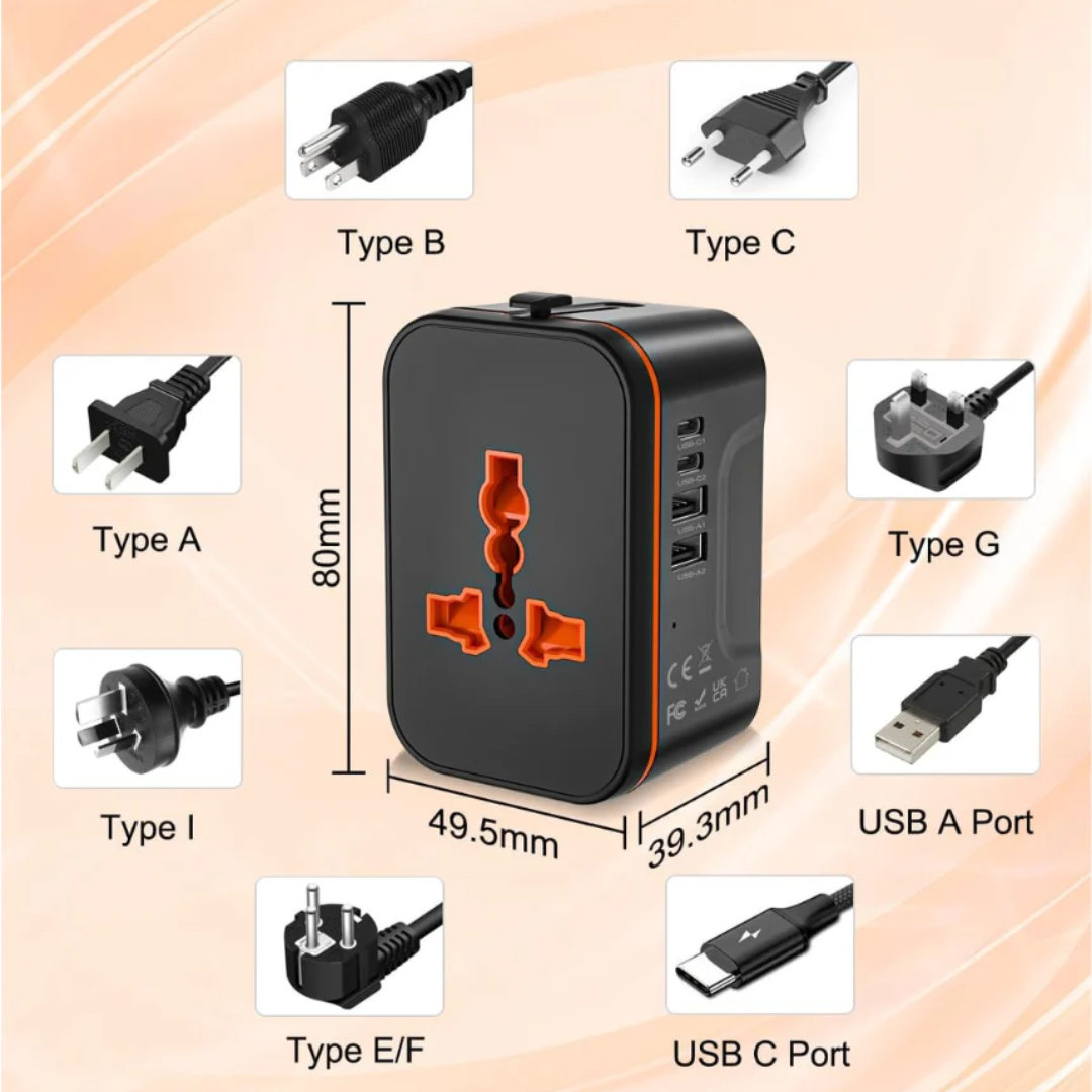 Universal Travel Adapter, All-in-One International Power Plug with Multi-Country Compatibility & USB Charging Ports