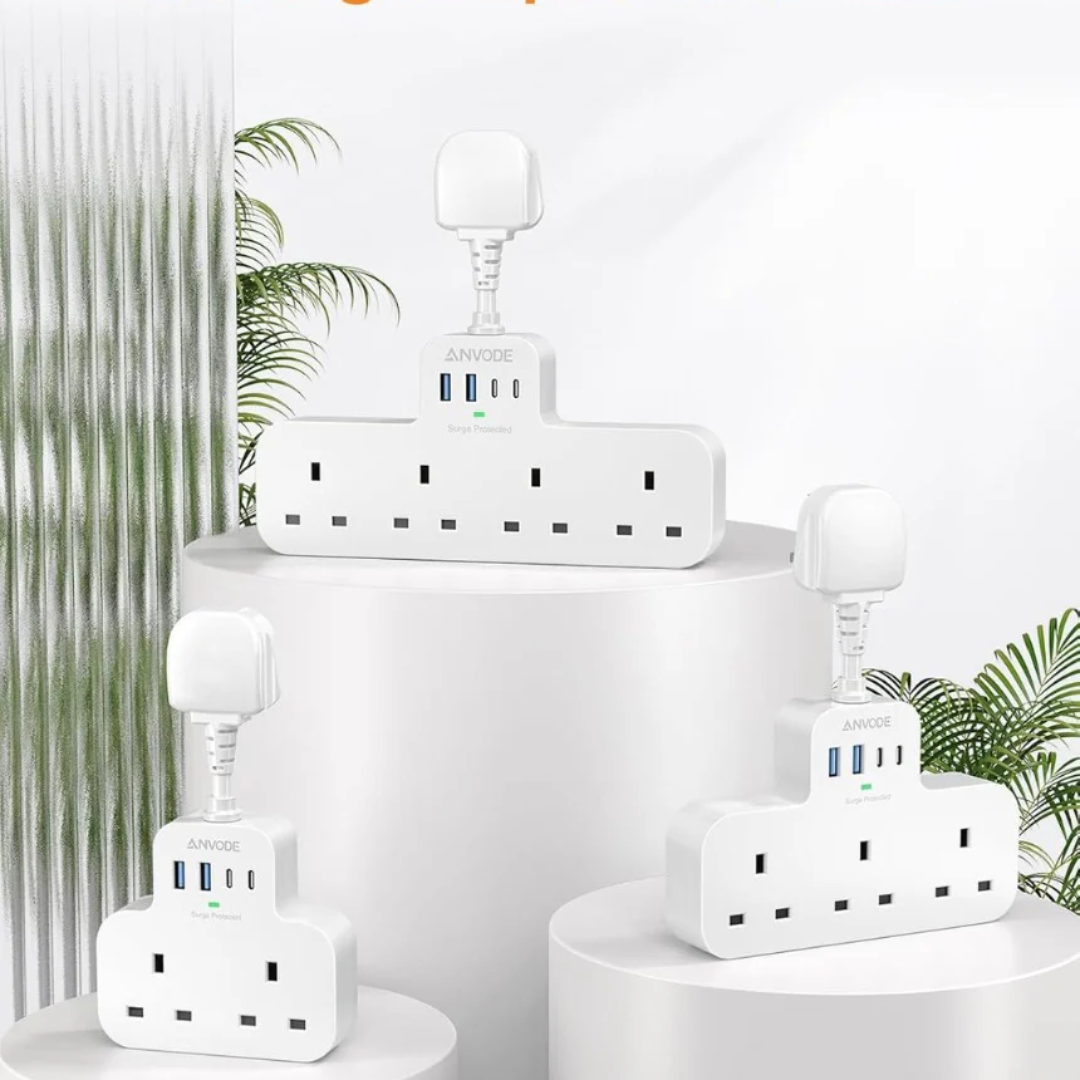 Multi Plug Extension Socket with 4 USB Ports, ANVODE 2 Way Plug Adaptor with Flexible Cable, Short Extension Lead Double Adapter Plug UK for Bedroom, Office..