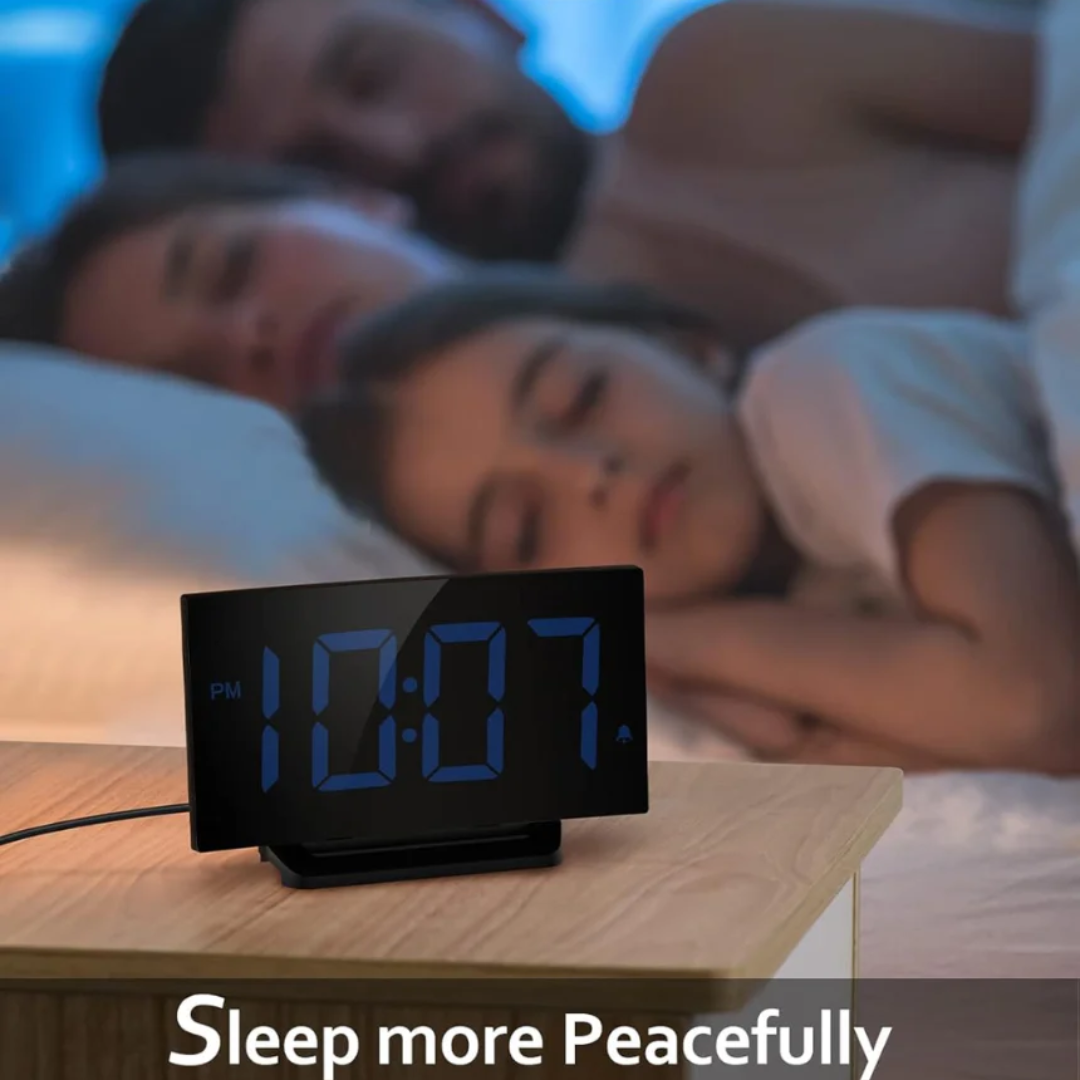 Digital Alarm Clock for Bedrooms with Modern Curved Design, LED Display, Snooze Function and Adjustable Brightness