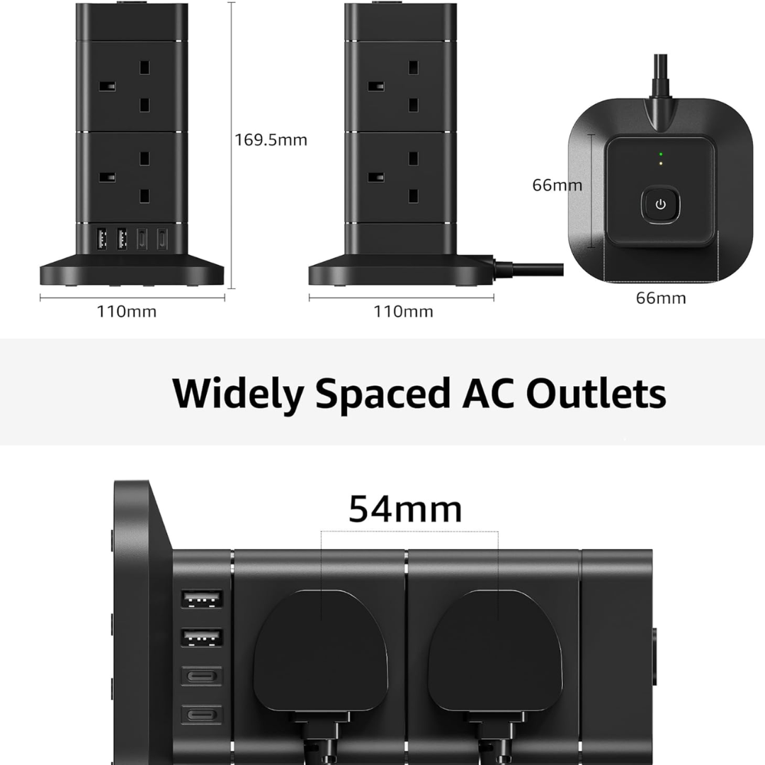 Hotimy Tower Extension Lead-8 Way Surge Protector with USB & Type-C Ports (3M)
