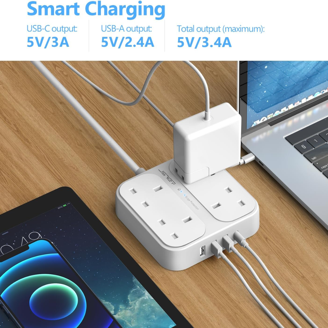 JSVER Extension Lead with USB  4 Way Surge Protector Power Strip with USB-C & 3 USB Ports
