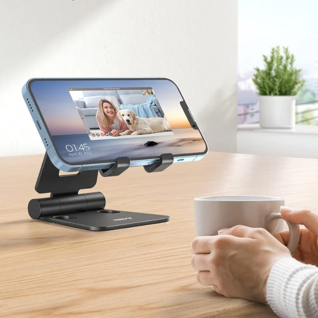 Fully Aluminum Phone Stand, Adjustable Desktop Holder for Smartphones & Tablets, Foldable Anti-Slip Design