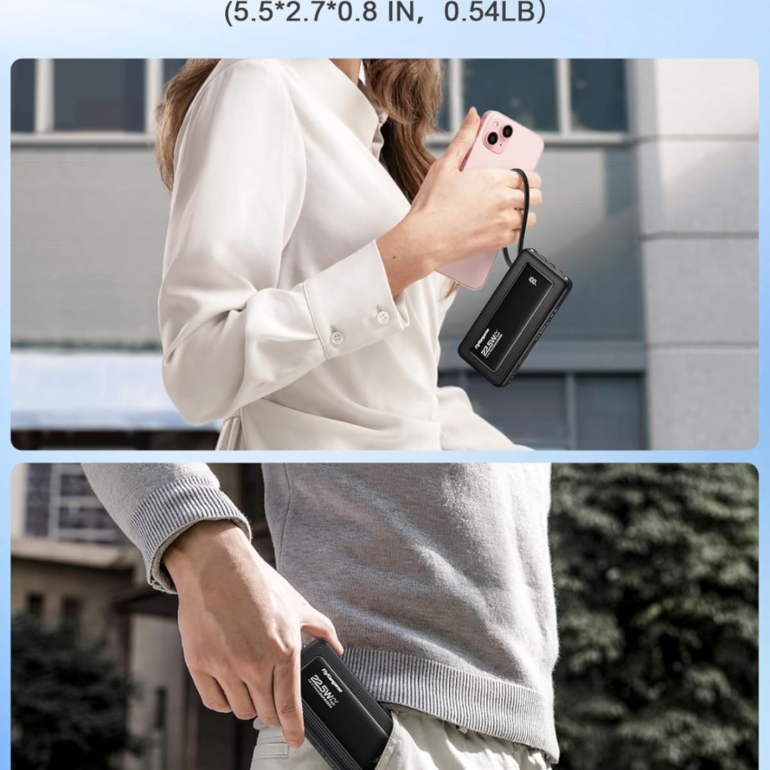 10000mAh Fast Charging Power Bank with Built-In Cables & LED Display | Portable USB-C Battery Pack for iPhone & Android