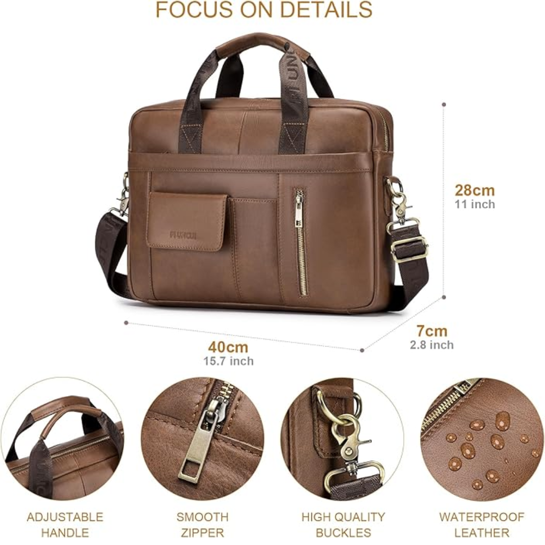 Leather Laptop Briefcase for Men  15.6" Business Work Bag with Shoulder Strap