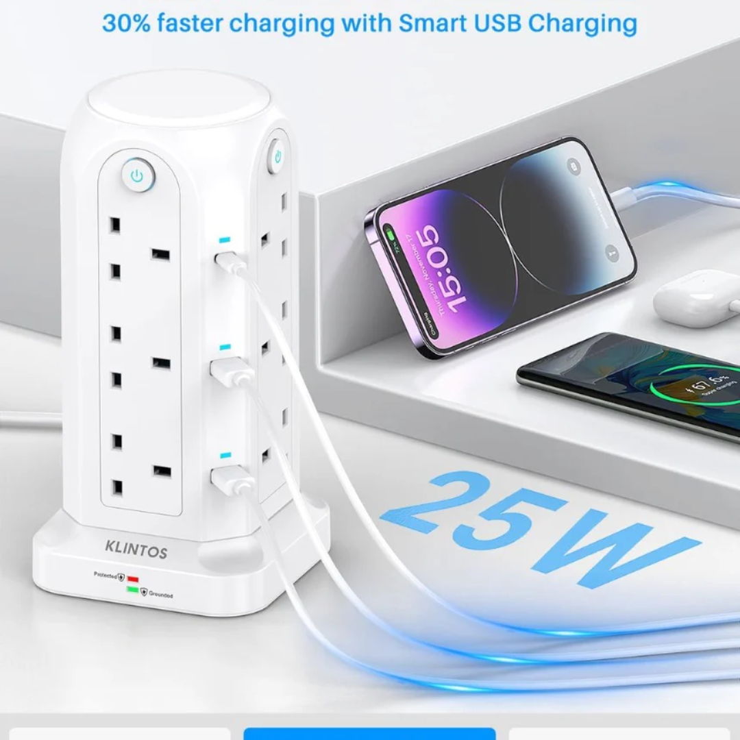 Tower Extension Lead with USB Slots【2 USB C & 4 USB A】, 1400J Surge Protected Extension Lead with Individual Switches