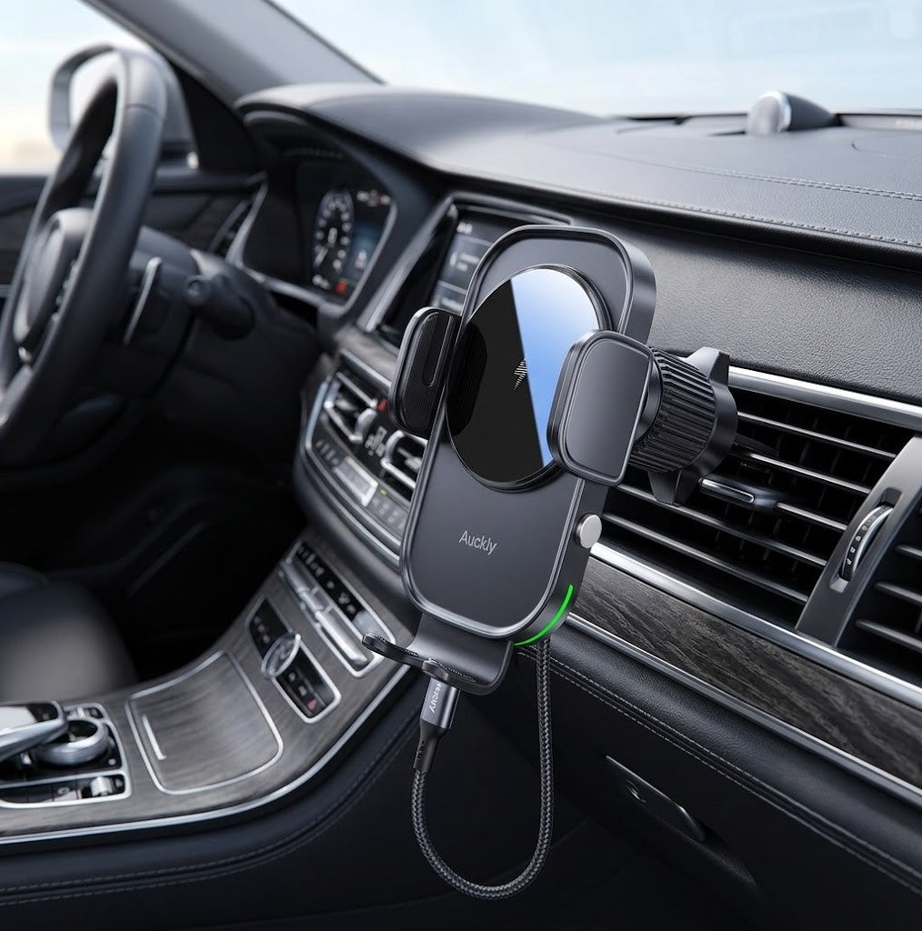 Qi 15W Car Phone Holder Wireless Charging Mount Fast Charging Auto-Clamp Phone Holder for Dashboard and Air Vent Use