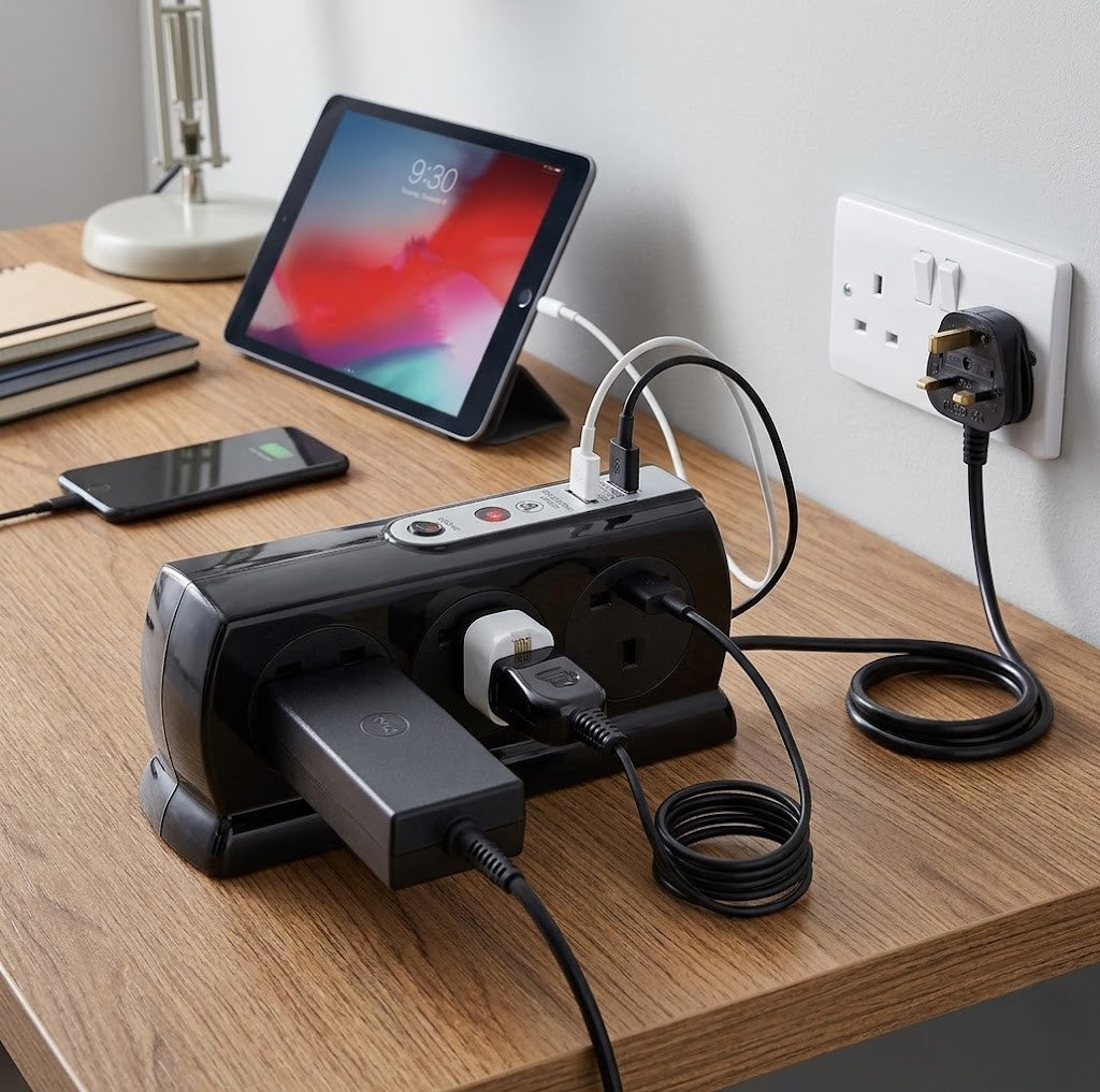 Six Socket Switched Inline Power Surge Protected Extension Lead with Two USB Charging Ports, 2 Metres, Gloss Black