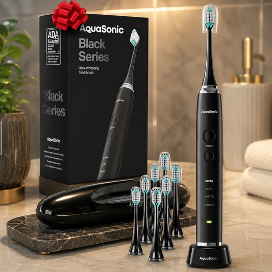Aquasonic Black Series Ultra Whitening Toothbrush – ADA Accepted Electric Toothbrush- 8 Brush Heads & Travel Case – 40,000 VPM Electric Motor & Wireless Charging - 4 Modes w Smart Timer