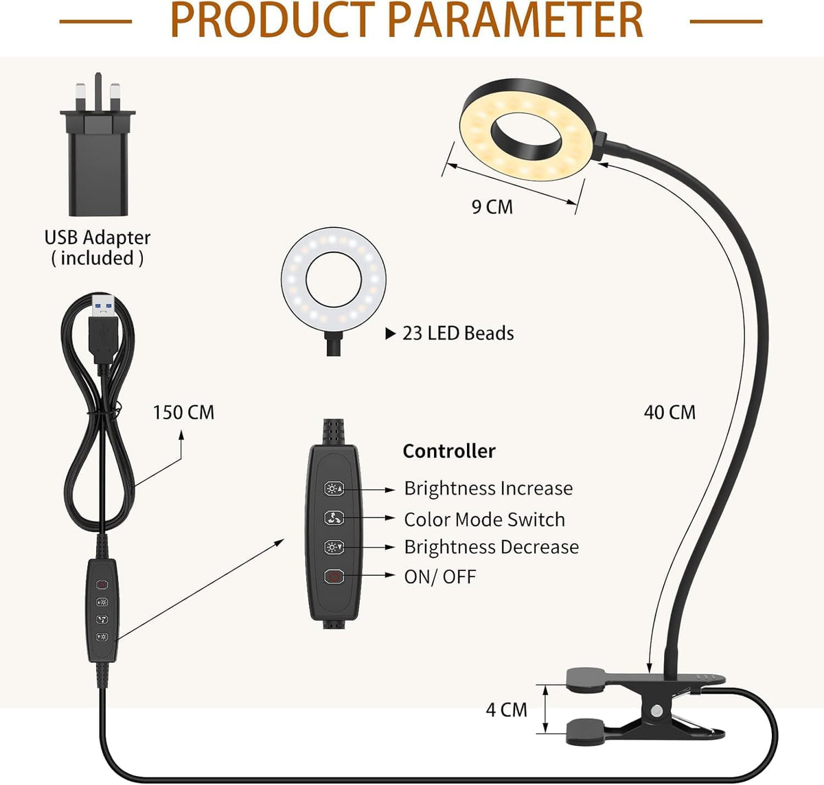 iZELL LED Desk Lamp with USB Adapter【3 Color Modes 10 Brightness】 Eye Caring Clip on Clamp Light, 40cm Flexible Arm Book Ring Light for Gaming/Video Conference/Reading, Clip on Table, Headboard