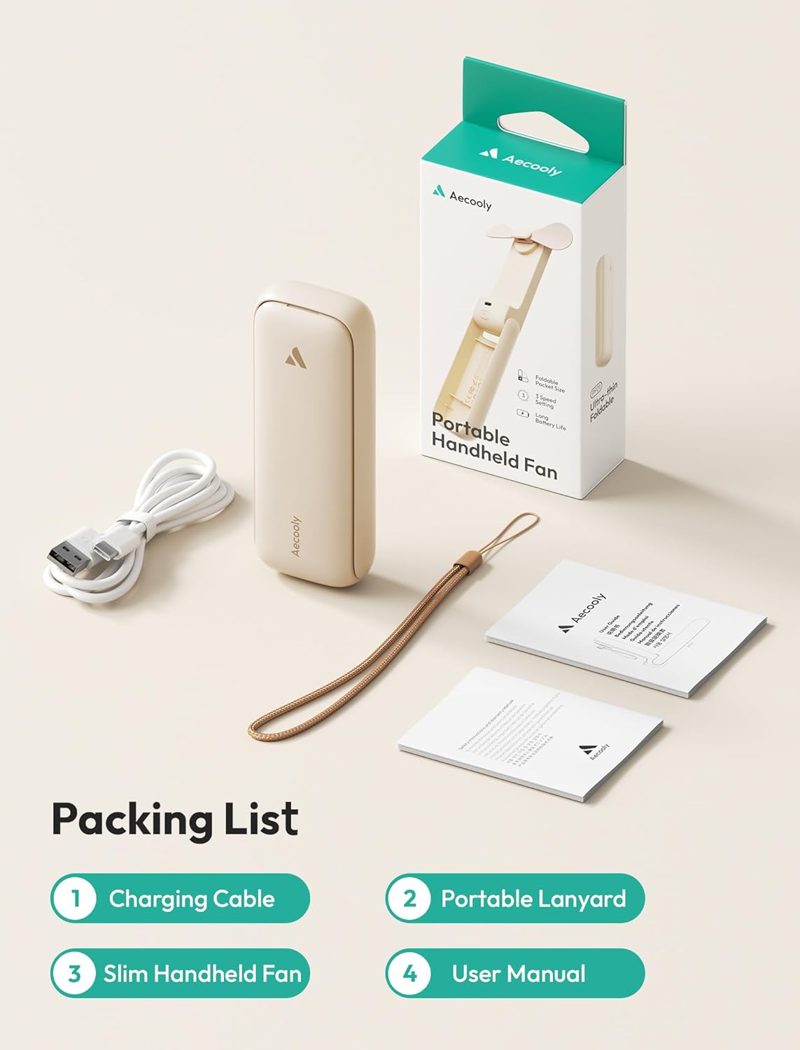 Aecooly Slim Handheld Fan,Thin Portable Fan, USB Rechargeable Mini Personal [24H Max Cooling Time],Battery Powered Small Foldable Pocket for Travel,