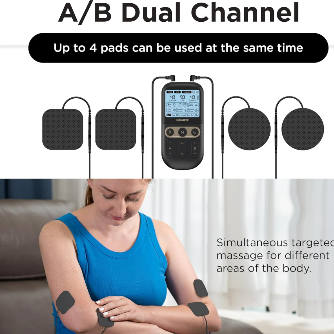 4-in-1 TENS & EMS Muscle Stimulator – Dual Channel Pain Relief Massager with 12 Electrode Pads (Rechargeable)