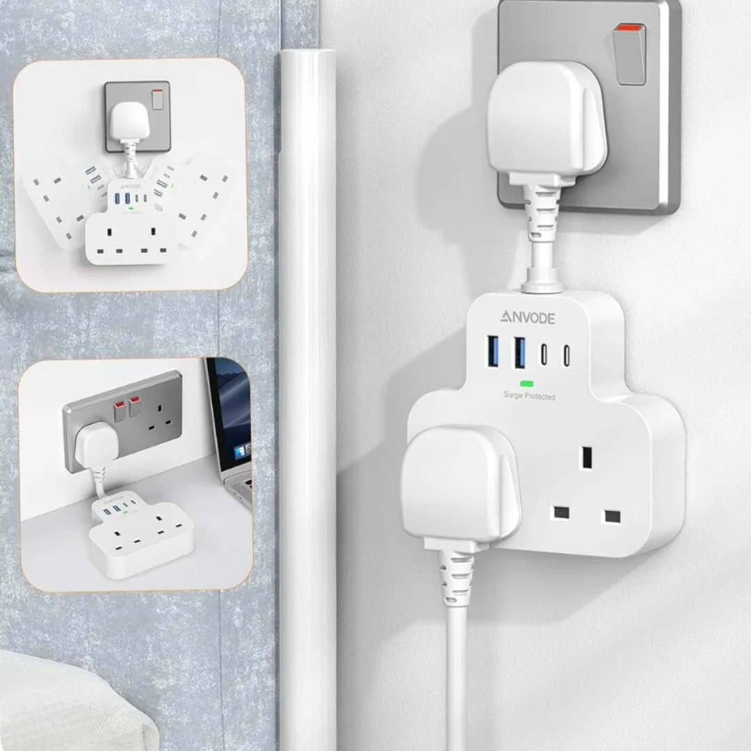 Multi Plug Extension Socket with 4 USB Ports, ANVODE 2 Way Plug Adaptor with Flexible Cable, Short Extension Lead Double Adapter Plug UK for Bedroom, Office..