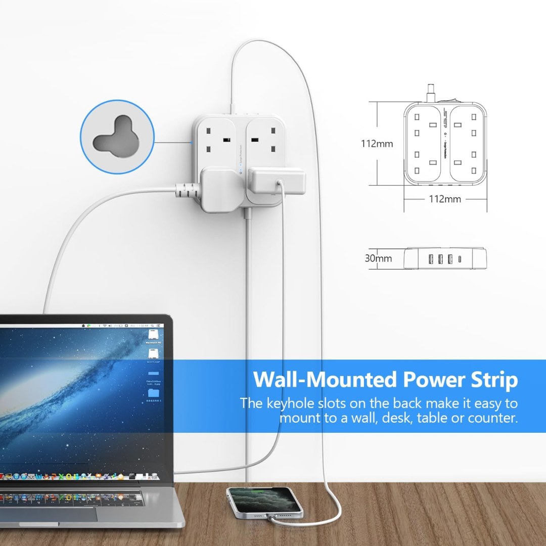 JSVER Extension Lead with USB  4 Way Surge Protector Power Strip with USB-C & 3 USB Ports