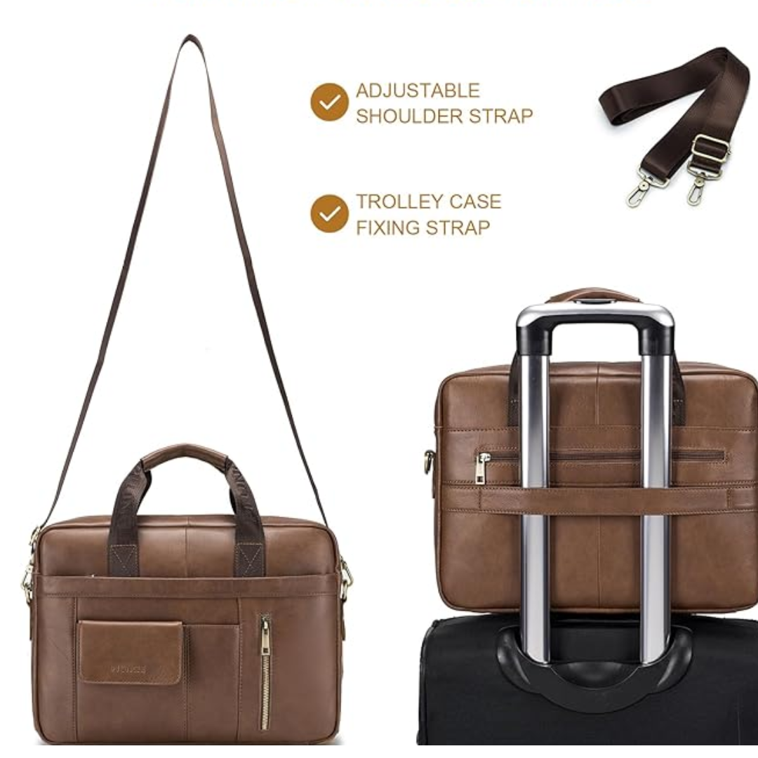 Leather Laptop Briefcase for Men  15.6" Business Work Bag with Shoulder Strap