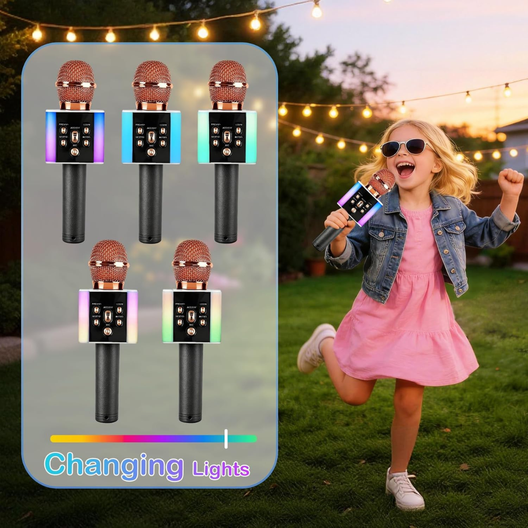 Wireless Bluetooth Karaoke Microphone with LED Lights – 2-in-1 Speaker Mic (Rose Gold)