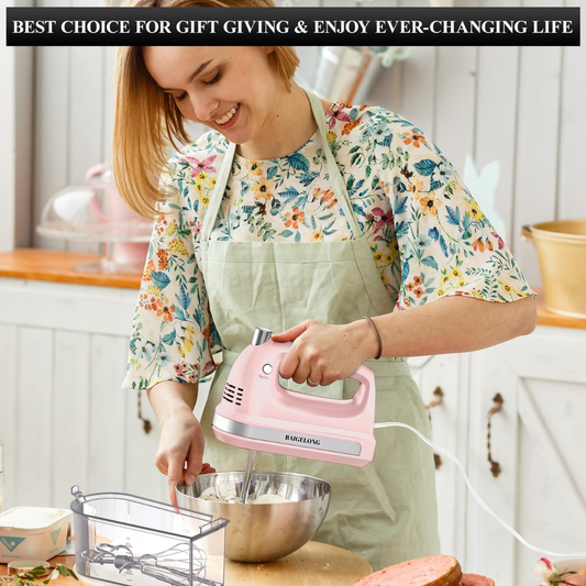 BAIGELONG 300W Hand Electric Mixer, 5-Speed + Turbo Boost Handheld Kitchen Mixer with Stainless Steel Attachments for Baking & Cooking, Pink