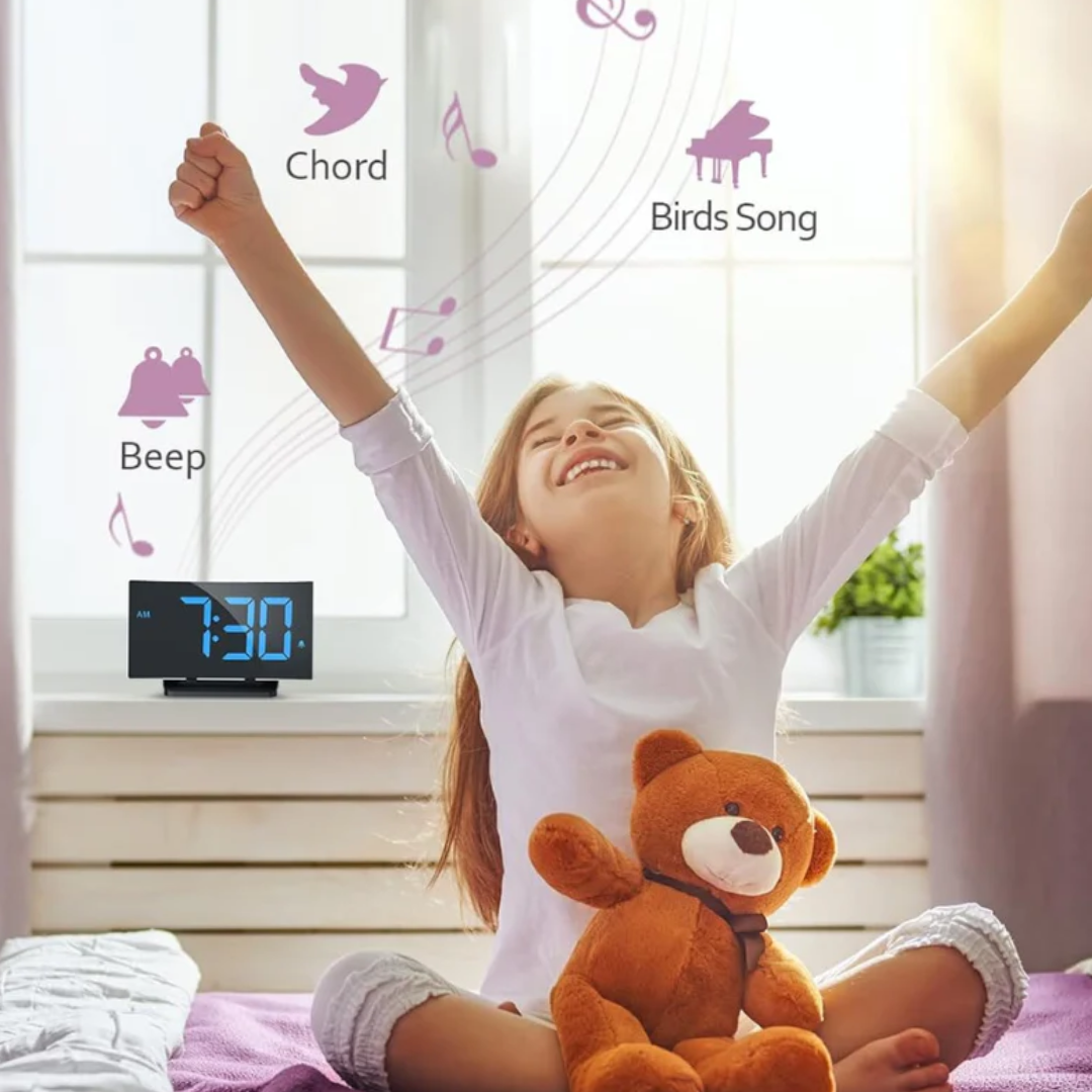 Digital Alarm Clock for Bedrooms with Modern Curved Design, LED Display, Snooze Function and Adjustable Brightness