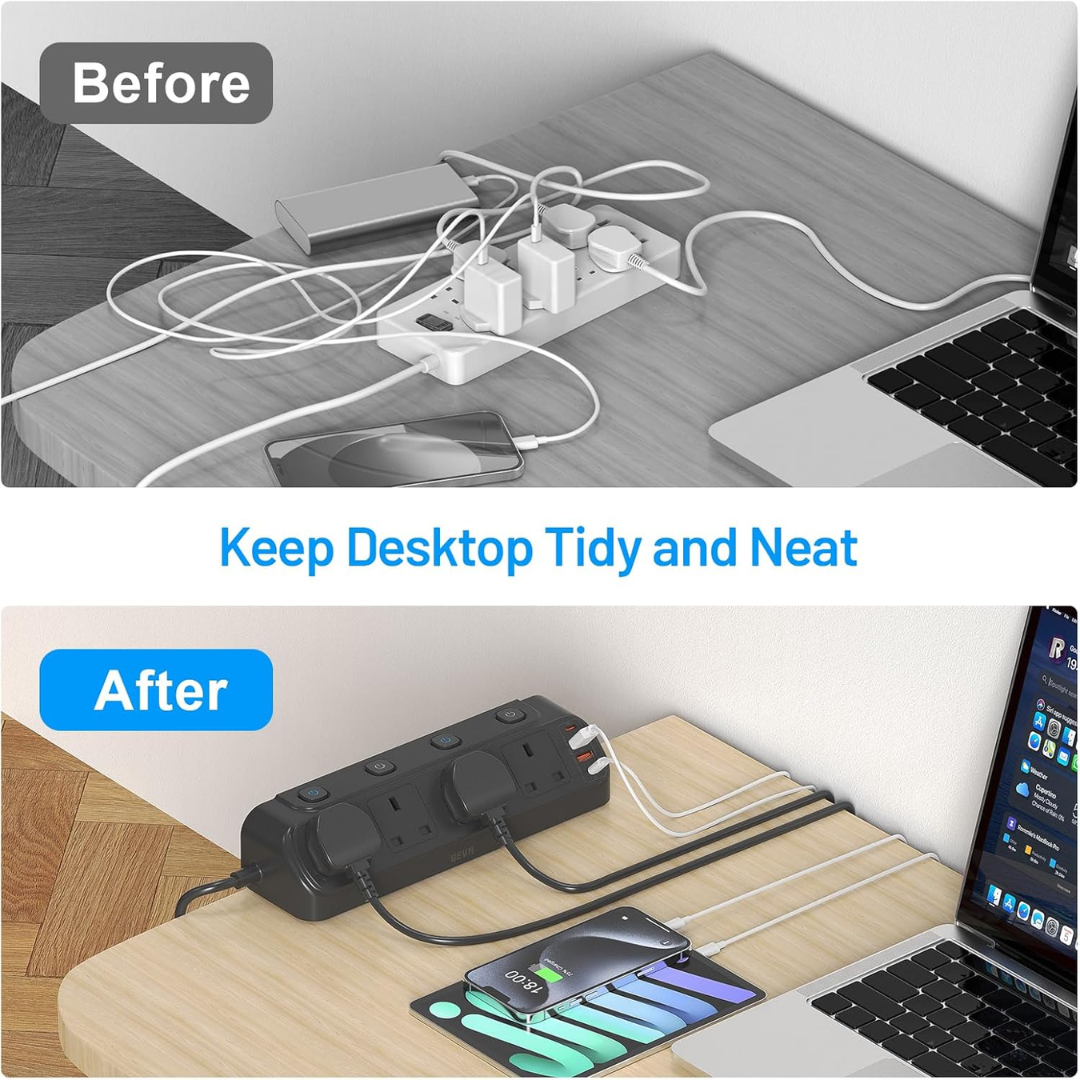 BEVA Desk Extension Lead 4 Way - PD20W USB Power Strip with Clamp Mount (1.8M)