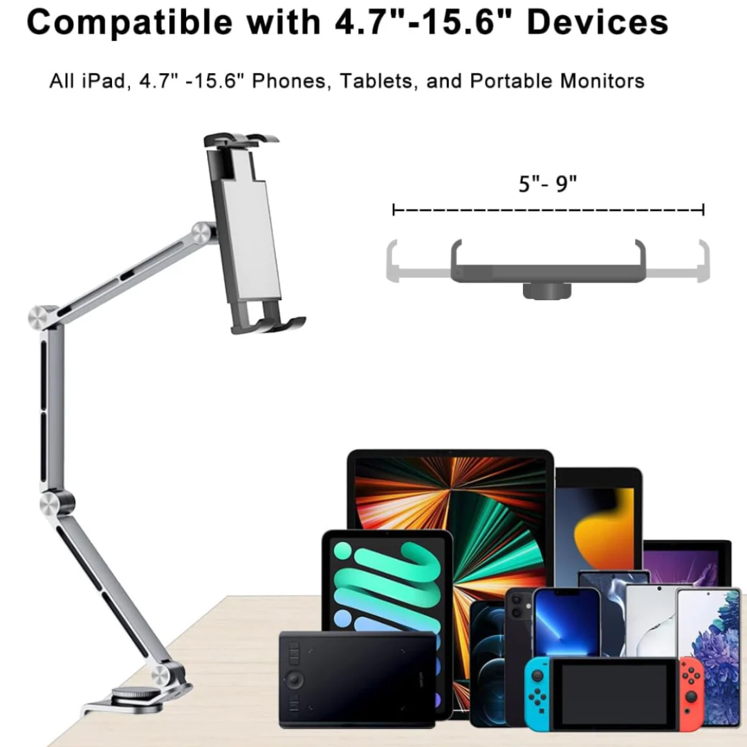 iPad Mount for Desk, Adjustable Tablet Holder Stand with 360° Rotation for Hands-Free Viewing & Work