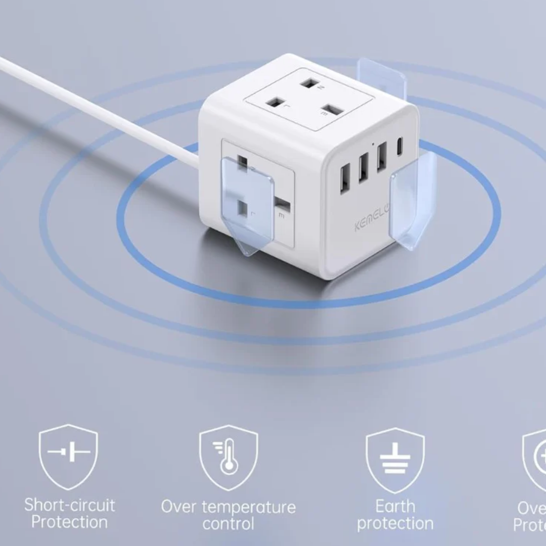 Cube Extension Lead with 4 USB Slots, Kemelo 4 Way (13A/3250W) Multi Plug Extension Cable with Child Safety UK Desktop Power Extension Socke