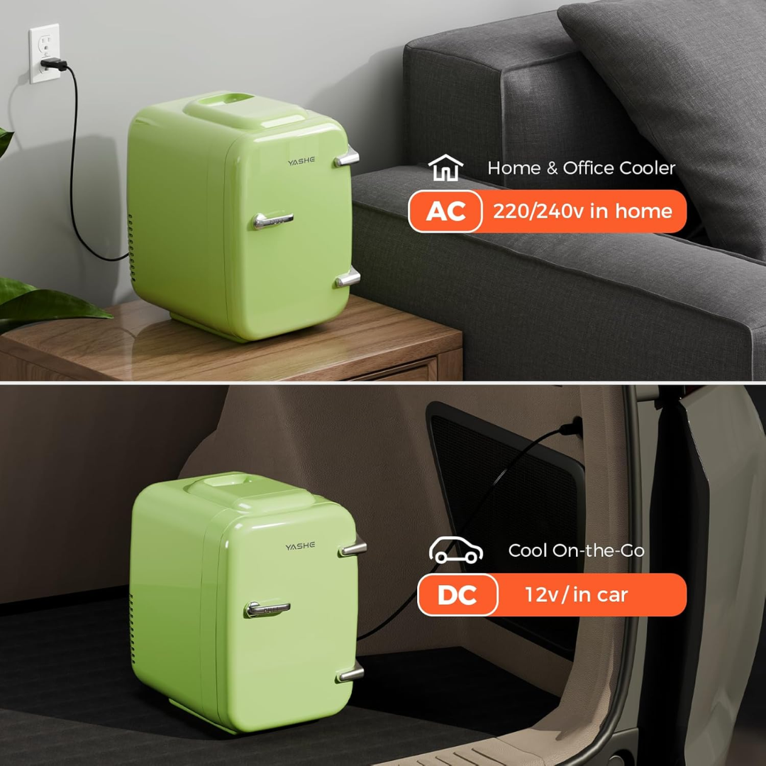 YASHE Mini Fridge, 4 Liter/6 Cans Portable Cooler and Warmer, AC/DC Power Small Fridge, Quiet Desk Skincare Fridge for Beauty Drinks Medicine, Mini Fridge for Bedrooms Office Dorm Car Travel, Green