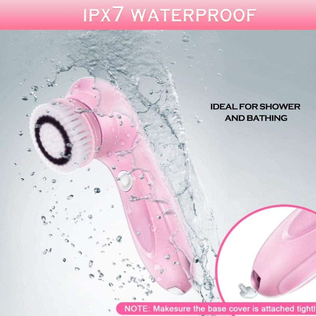 Electric Facial Cleansing Brush with 3 Brush Heads, Waterproof Face Spin Cleanser, Pink