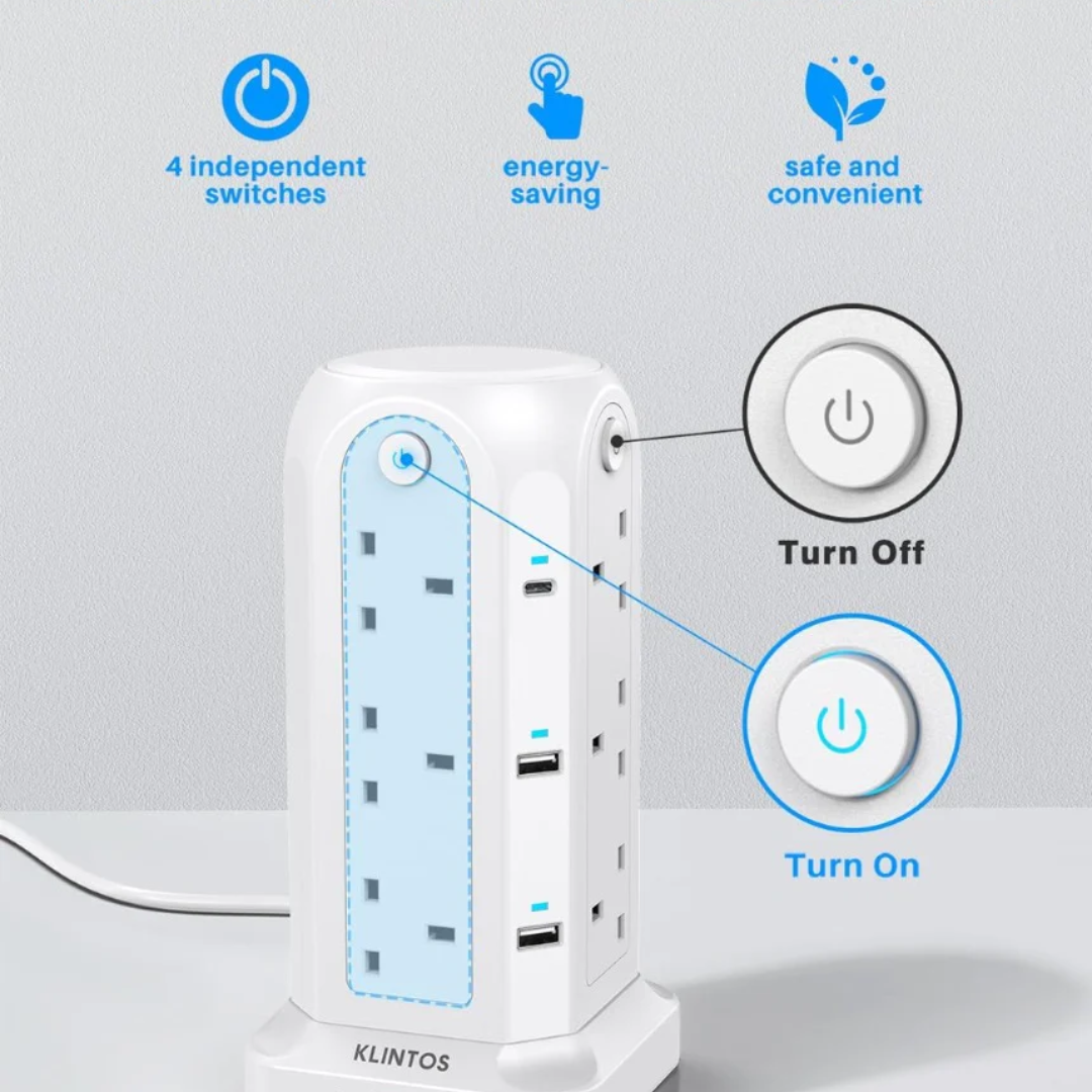 Tower Extension Lead with USB Slots【2 USB C & 4 USB A】, 1400J Surge Protected Extension Lead with Individual Switches