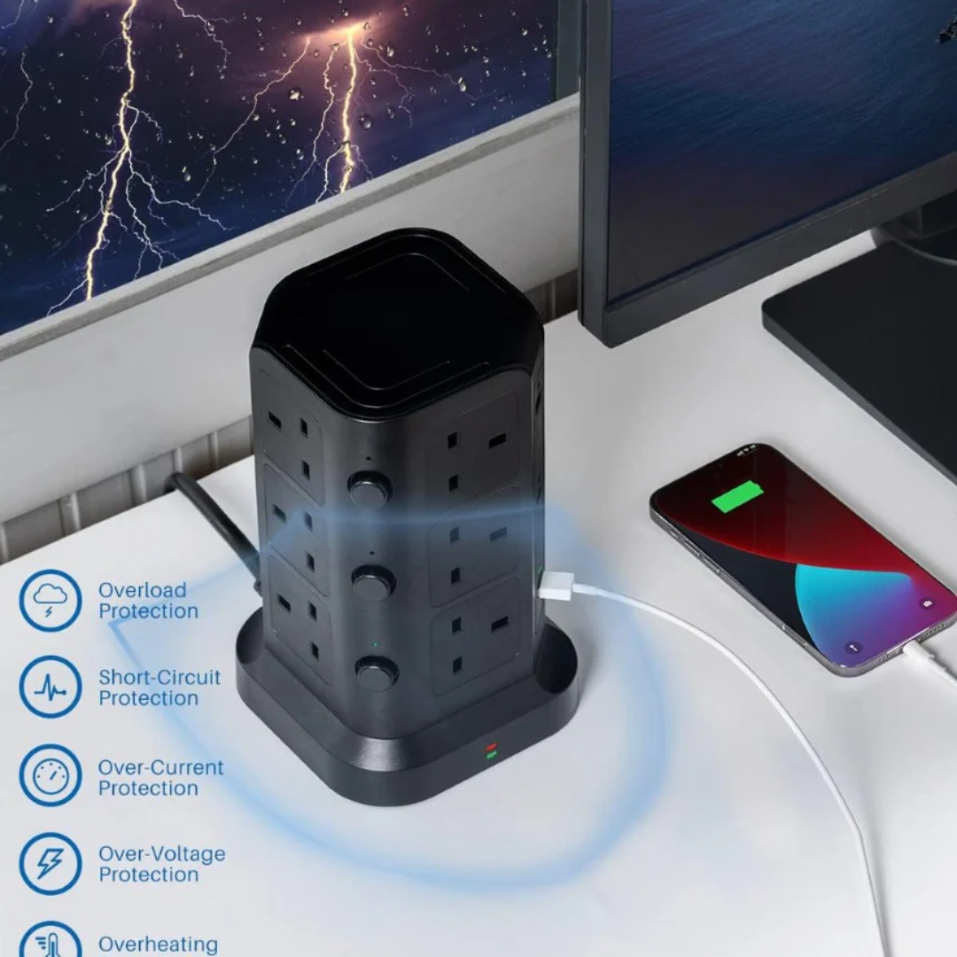 Tower Extension Lead by KOOSLA, [13A 3250W] Surge Protector - 12 AC Outlets & 6 USB Ports Multi Plug Socket Power Strip with Heavy