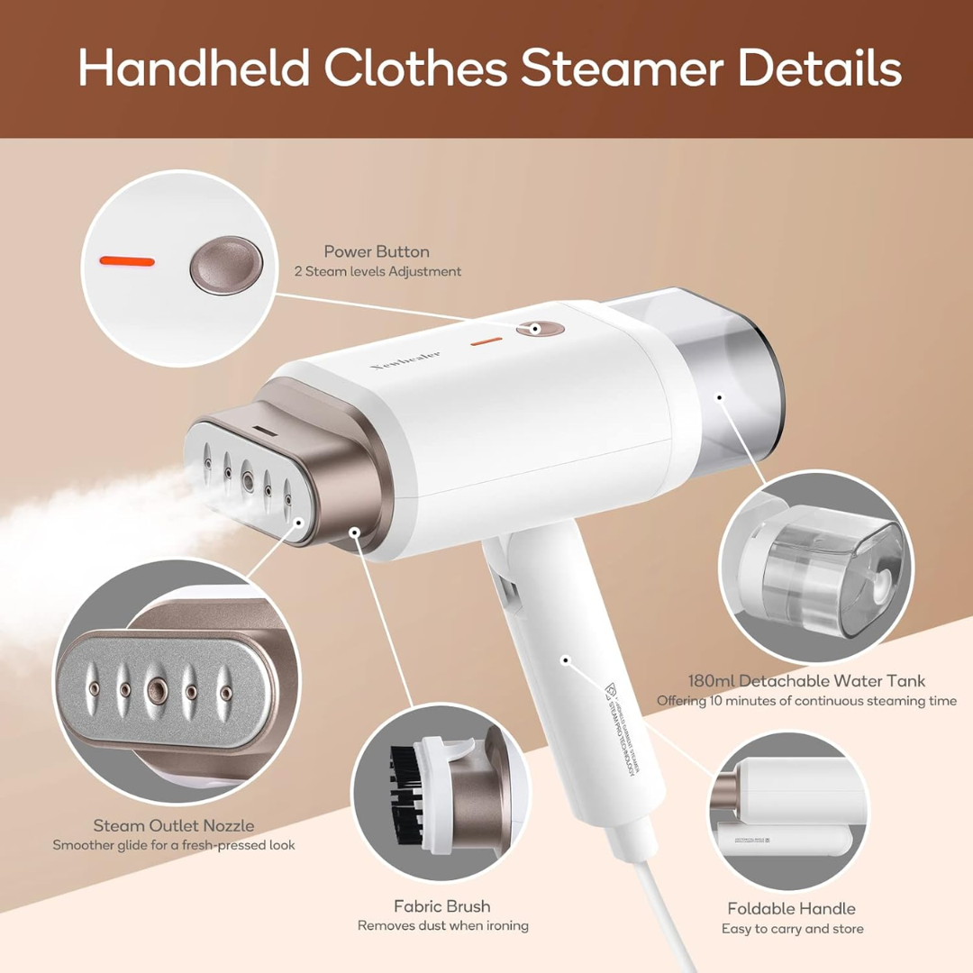 Newbealer Portable Clothes Steamer, 1200W Fast Heat-Up Handheld Garment Steamer with 180ml Tank for Home & Travel, Vertical & Horizontal Use