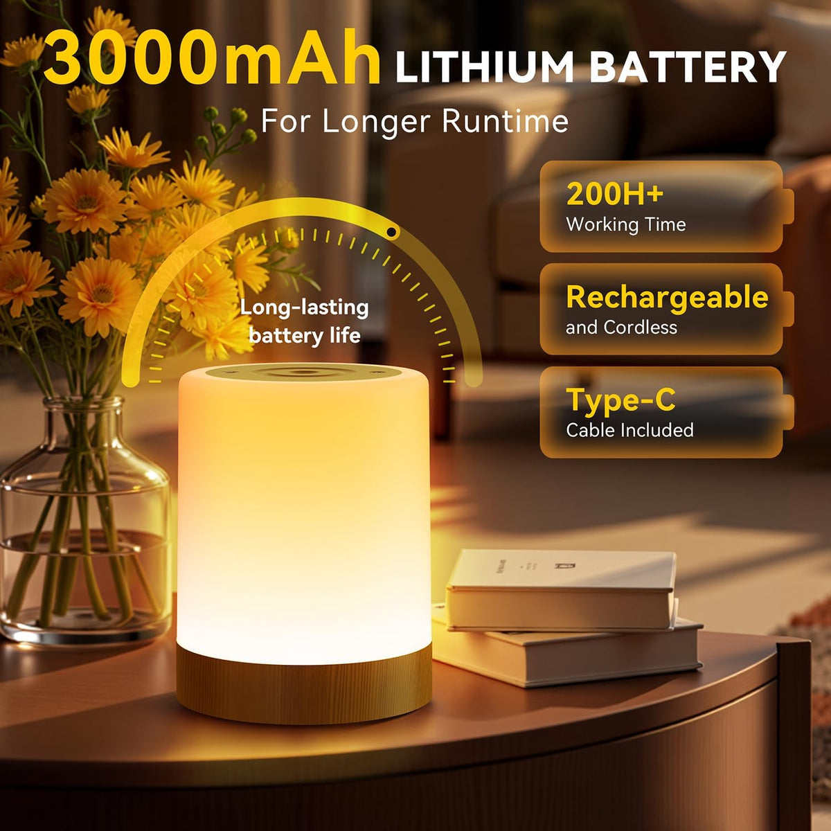 Auxmir Night Light, 3000mAh Rechargeable Baby Table Lamp, Smart Dimmable Touch Control LED Bedside Lamp with RGB Color Changing & 5 Modes, Portable Night Light for Kids, Bedroom, Living Room, Camping [Energy Class F]