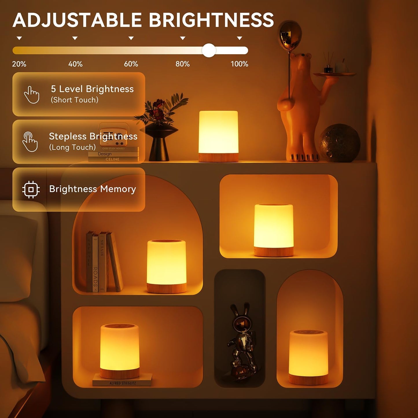 Auxmir Night Light, 3000mAh Rechargeable Baby Table Lamp, Smart Dimmable Touch Control LED Bedside Lamp with RGB Color Changing & 5 Modes, Portable Night Light for Kids, Bedroom, Living Room, Camping [Energy Class F]