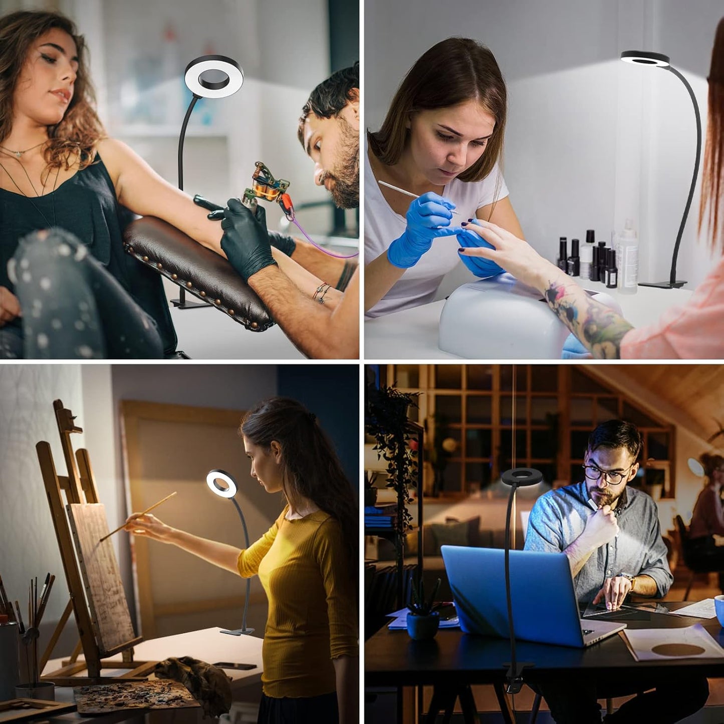 iZELL LED Desk Lamp with USB Adapter【3 Color Modes 10 Brightness】 Eye Caring Clip on Clamp Light, 40cm Flexible Arm Book Ring Light for Gaming/Video Conference/Reading, Clip on Table, Headboard