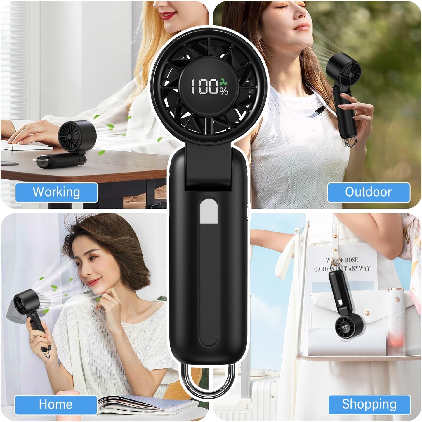 2025 Turbo Handheld Fan-100-Speed Adjustable,USB Rechargeable,5000mAh Battery,7-Blade High-Speed Cooling for Travel,Office,Camping-Compact,Foldable with LED..