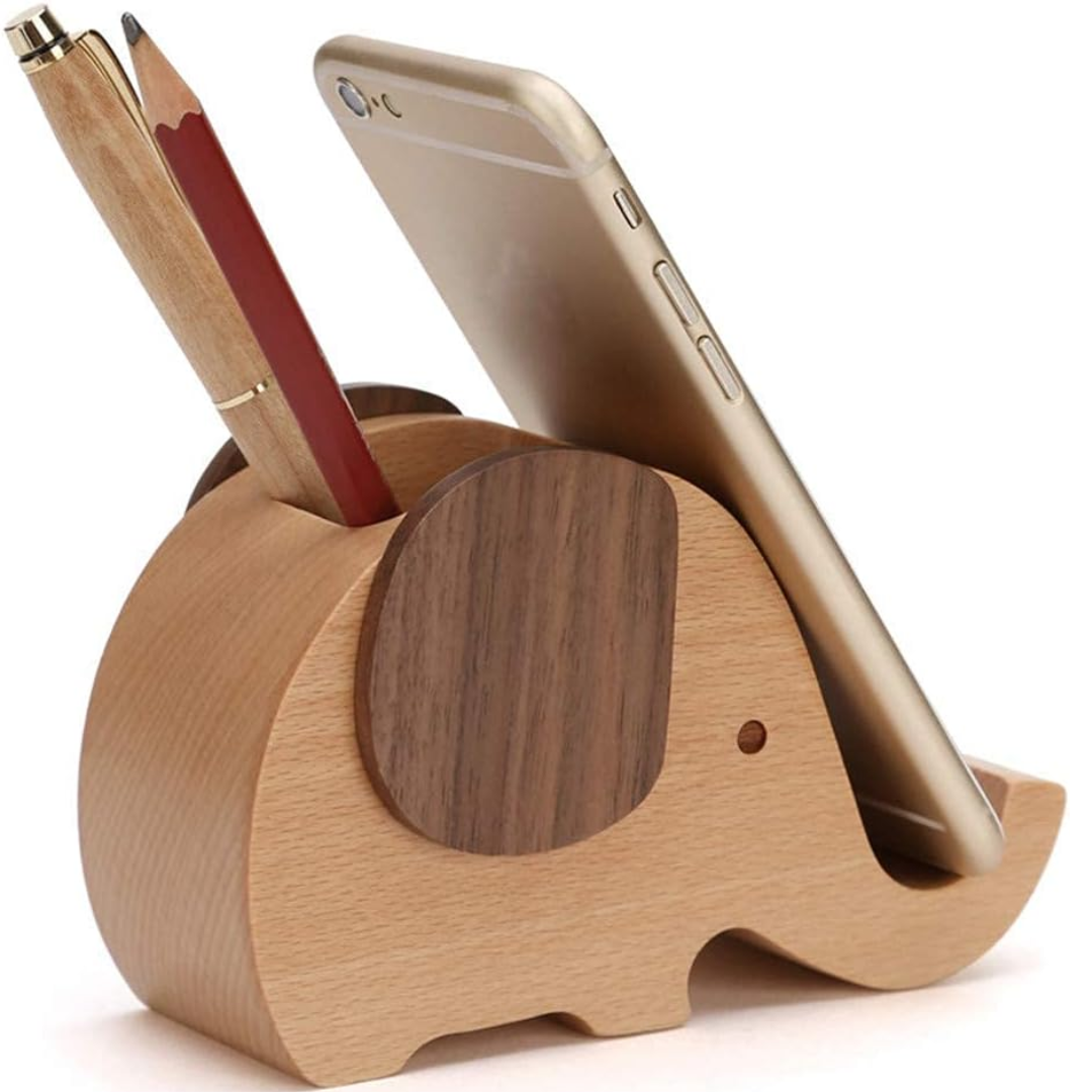 Elephant Pen Holder Phone Stand with Pencil Holder, Wooden Desk Organizer for Pens, Pencils, Office Supplies & Cute Workspace Decor